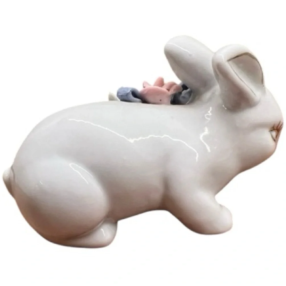 Vintage Porcelain Bunny Floral Rose Bow Cottage Core Farmhouse Mid Century White